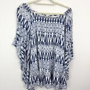 Ali Miles Blouse Top Size L Artsy Geo Print Boho Office Classic Blue